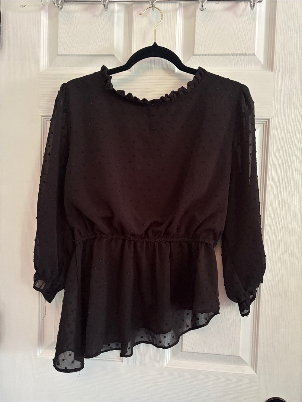 Women’s Black Swiss Dot Peplum Blouse
